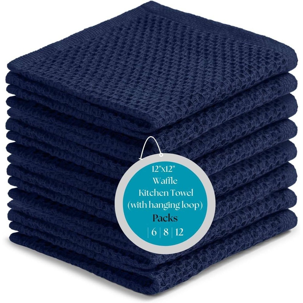 Navy Blue Waffle Weave Kitchen Towels‎ 12x12 100% Cotton Set of 6 Hanging Loop